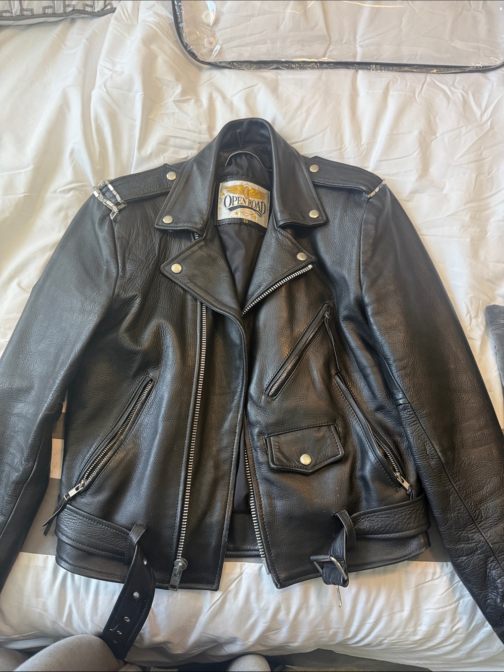 Open Road Brands Black Leather Moto Jacket with Belted Hem